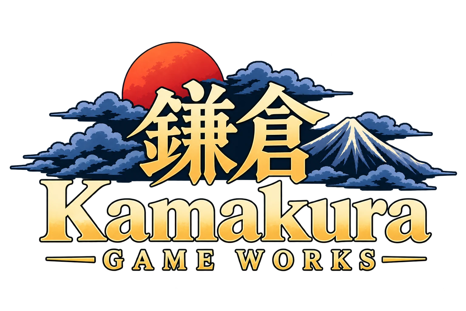 Logo Kamakura Game Works com kanjis, Monte Fuji e sol vermelho