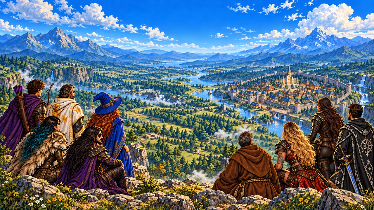 Arte de abertura de Quest for Tanelorn: aventureiros contemplam um vale entre montanhas